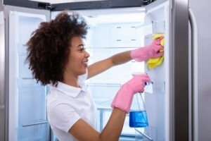 Young Happy Cleaning Lady Cleaning The Empty Refrigerator Door With Spray Bottle And Napkin