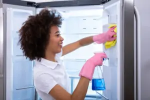 Young Happy Cleaning Lady Cleaning The Empty Refrigerator Door With Spray Bottle And Napkin